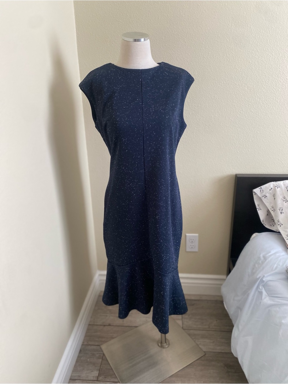 Ann Taylor Navy Speckled Cap-Sleeve Midi Dress with Flared Hem